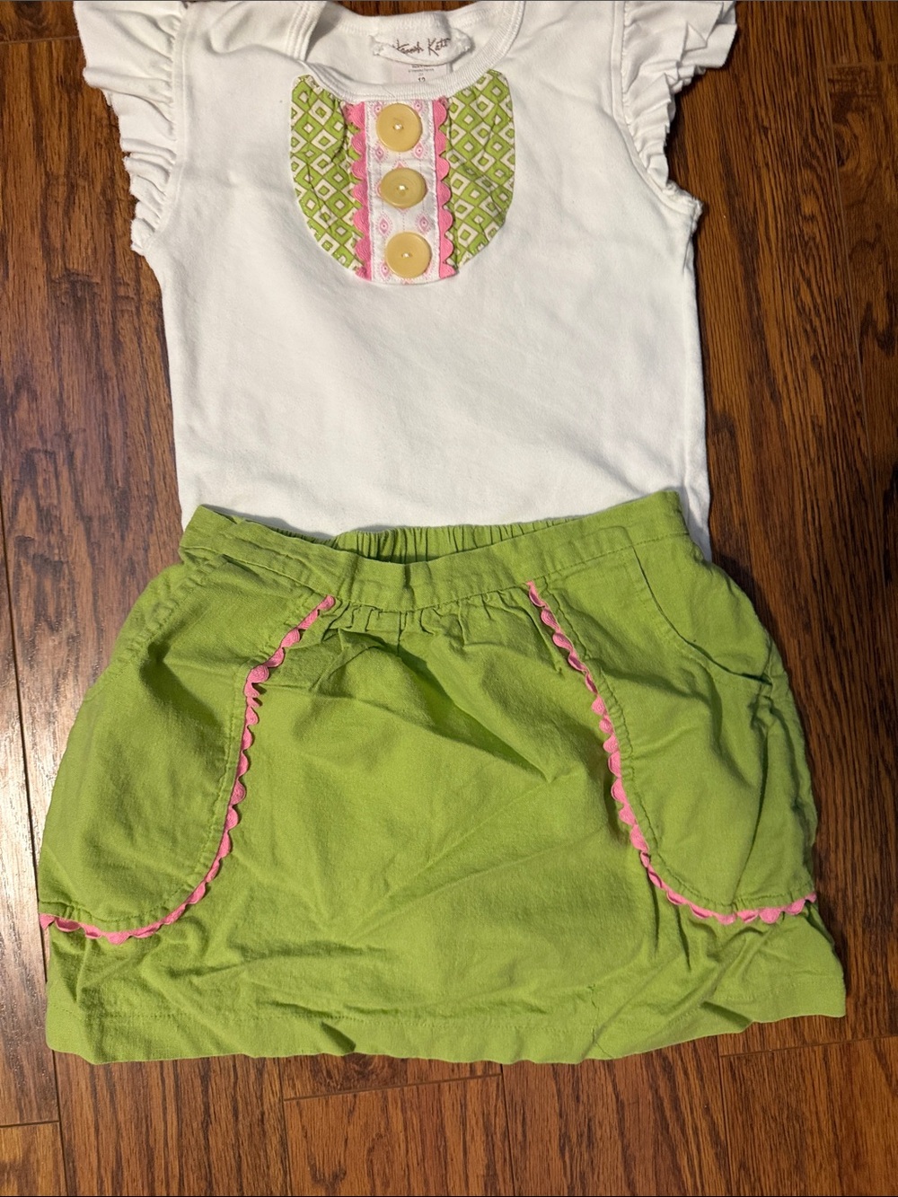 White Top & Lime Green Skirt Girls' Matching Set with Pink Trim